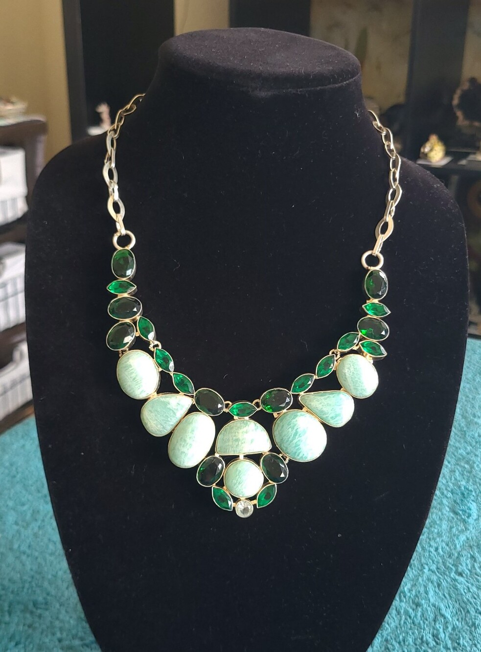 Green Statement Bib Necklace with Faceted Accents